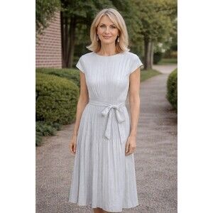 Dkny Women's Silver Pleated Cap-Sleeve Belted Midi Dress Size 6 NWT